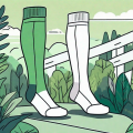 A pair of compression socks placed next to a walking trail with lush greenery in the background