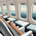 Several types of compression stockings laid out on an airplane seat with a window view of the sky in the background