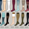 Various types of compression stockings displayed in a row