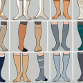 Several types of compression stockings displayed against a neutral background