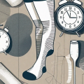 Compression stockings neatly laid out on a table with a clock in the background indicating morning time