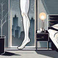 Compression stockings placed on a bedside table with a moonlight glow coming from a nearby window