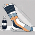 Compression stockings neatly placed on a flat surface with a few accessories around like a bottle of adhesive spray and a garter belt
