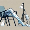 Compression stockings draped over a chair next to some simple tools like a plastic slider and a donning glove
