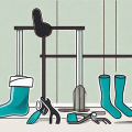 Compression stockings neatly laid out next to a few tools like a stocking donner and a pair of rubber gloves
