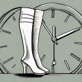 Compression stockings draped over a clock to symbolize the concept of 'when' and 'how long' to wear them