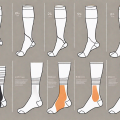 Compression stockings laid out with a step-by-step visual guide of a device being used to put them on