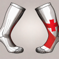 A pair of compression stockings with a red cross over it