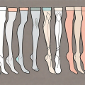 Various styles of compression stockings from different angles and in various colors