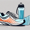 Compression stockings placed next to a pair of running shoes and a water bottle