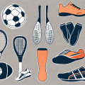 Compression stockings next to various sports equipment like a football