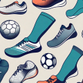 Compression stockings next to various sports equipment like a soccer ball