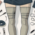 A pair of compression stockings with a sewing kit nearby